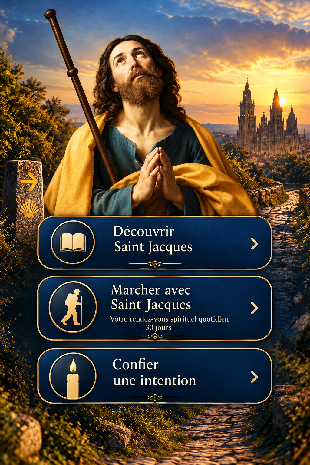 Saint Jacques devant la cathédrale de Compostelle, quatre rubriques à découvrir